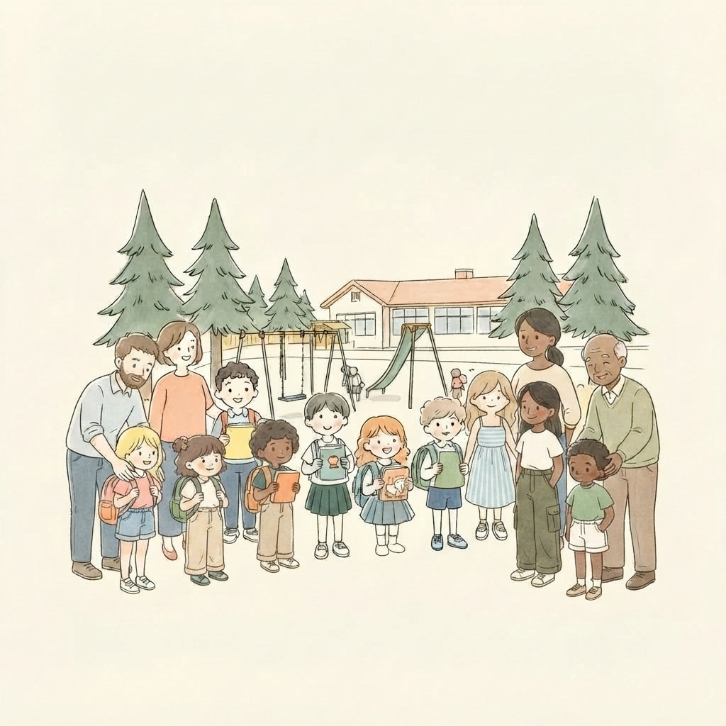 Ilustración de familias y niños en el patio del CEIP Pinar Prados
